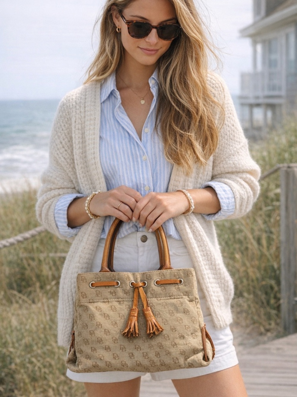 Dooney & Bourke Classic DB Monogram Canvas Leather Signature Tassel Tote Purse
